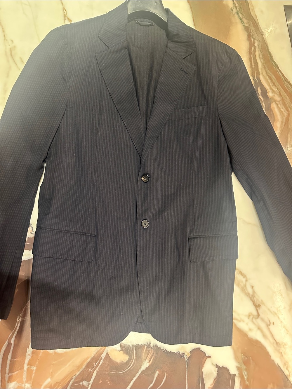 Vintage Prada Men's Dark Navy Pinstripe Suit Jacket
